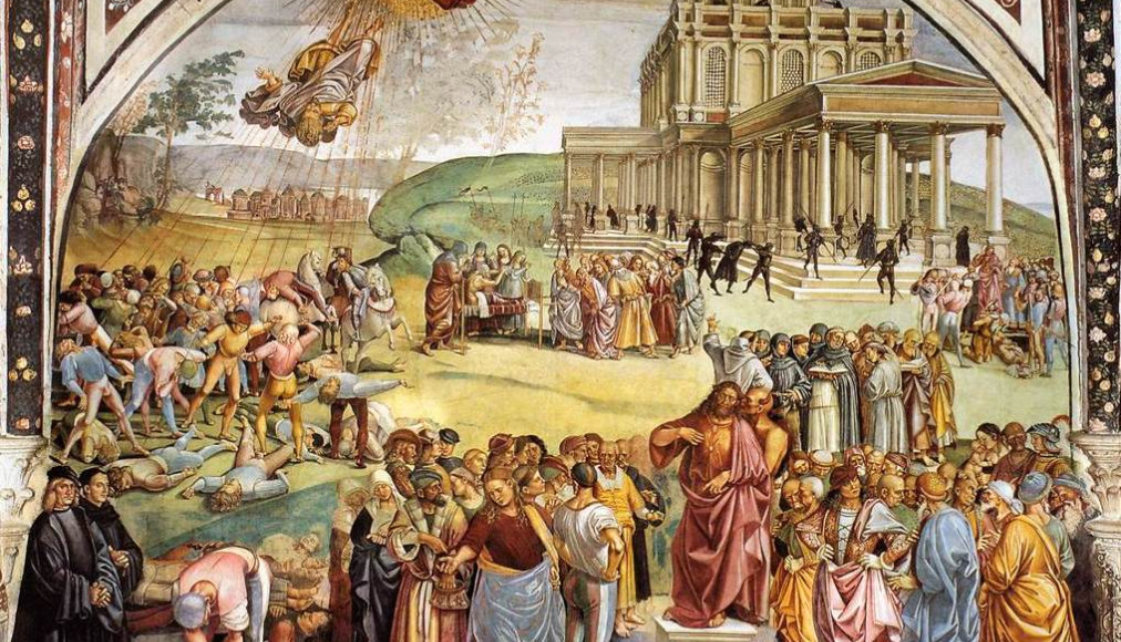 Luca Signorelli (1450-1523): Le Règne de l'Antéchrist, Dôme d'Orvieto (après 1500) Luca Signorelli (1450-1523): Le Règne de l'Antéchrist, Dôme d'Orvieto (après 1500) / Fresque De Luca Signorelli représentant le Règne de l'ANtéchrist. L'artiste s'est représenté en noir dans le coin de la fresque.